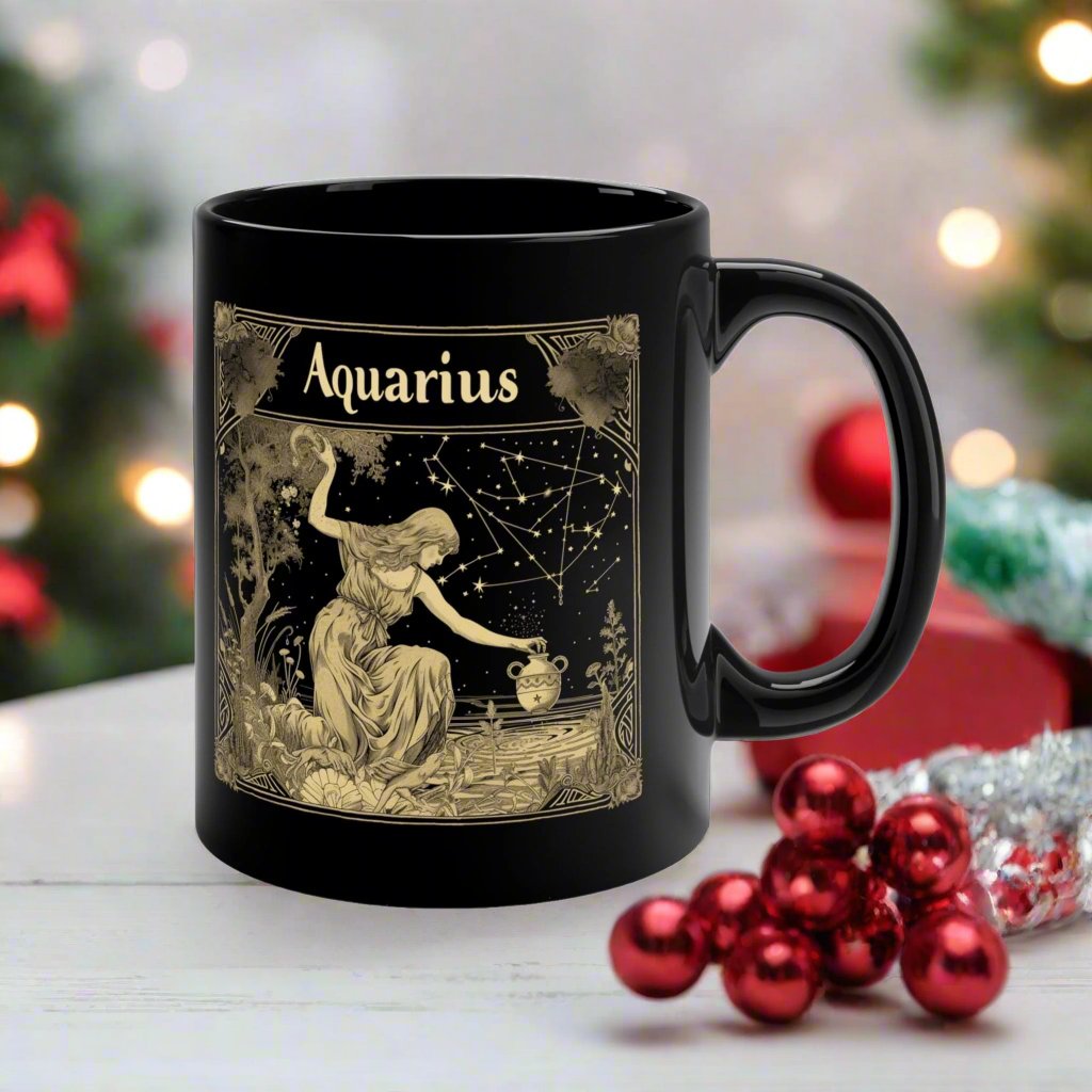 Mug 11oz Aquarius Enchanted Night Ceramic Mug: Stellar Sips in Sleek Black