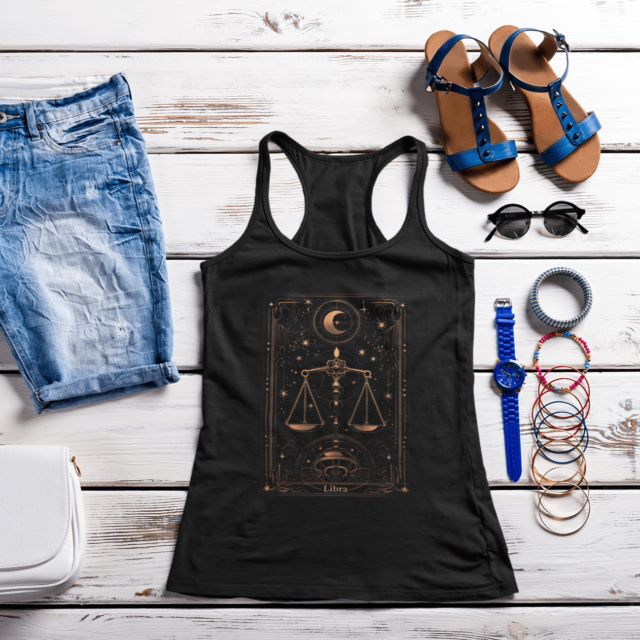 Tank Top XS / Solid Black The Balanced Scales: Libra Tarot Card Racerback Tank