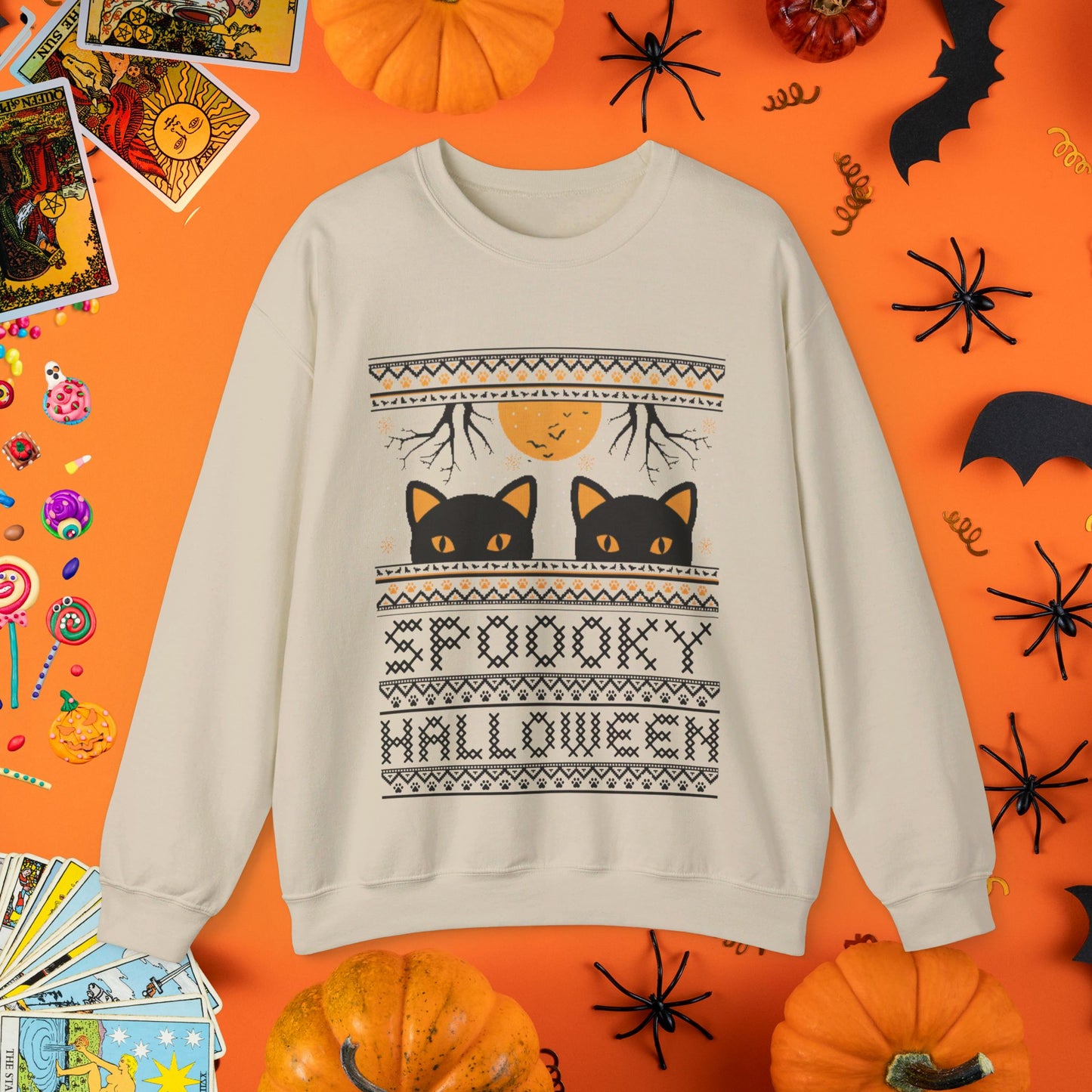 Black Cat & Full Moon - Halloween Ugly Sweater Style Crewneck - Halloween Limited Edition