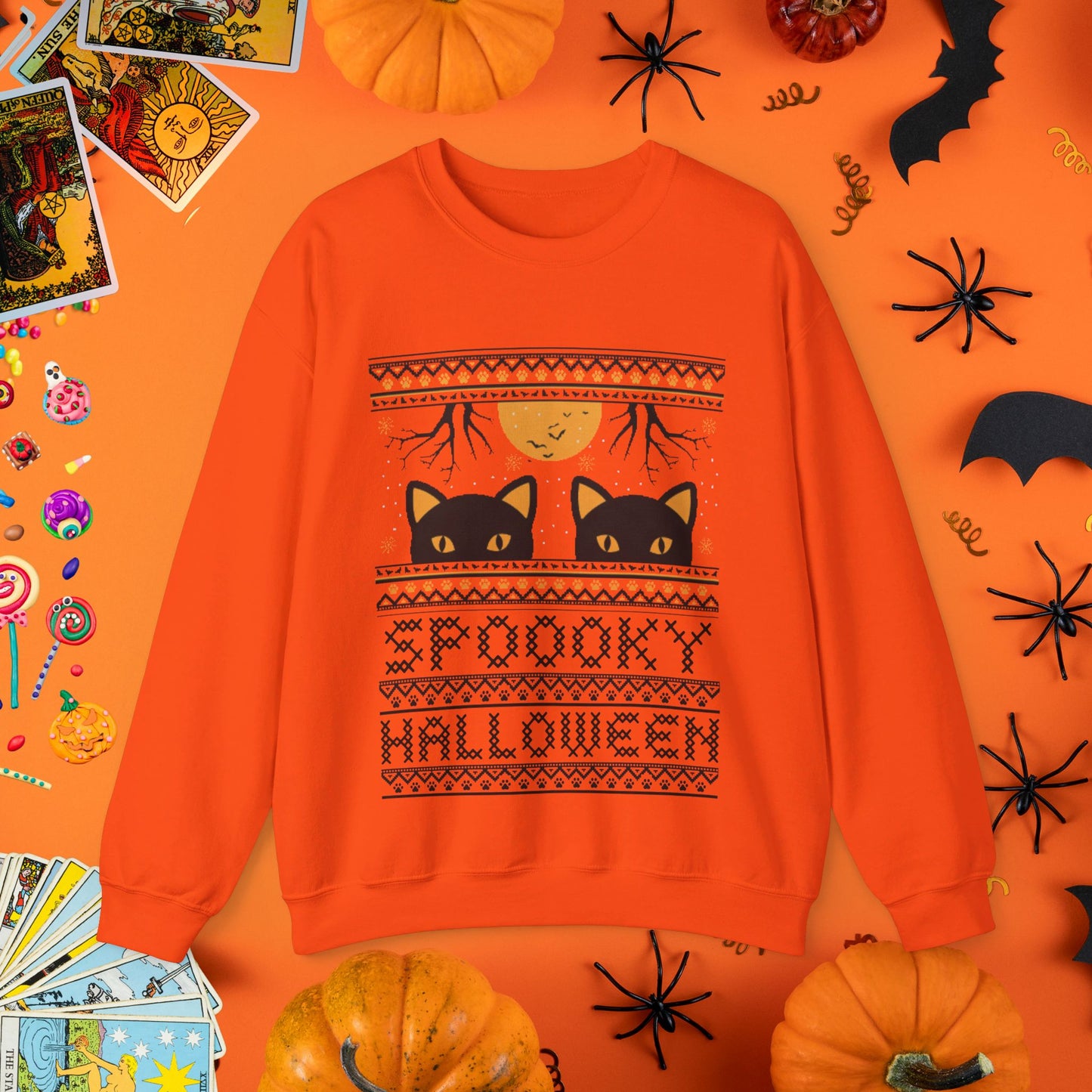 Black Cat & Full Moon - Halloween Ugly Sweater Style Crewneck - Halloween Limited Edition