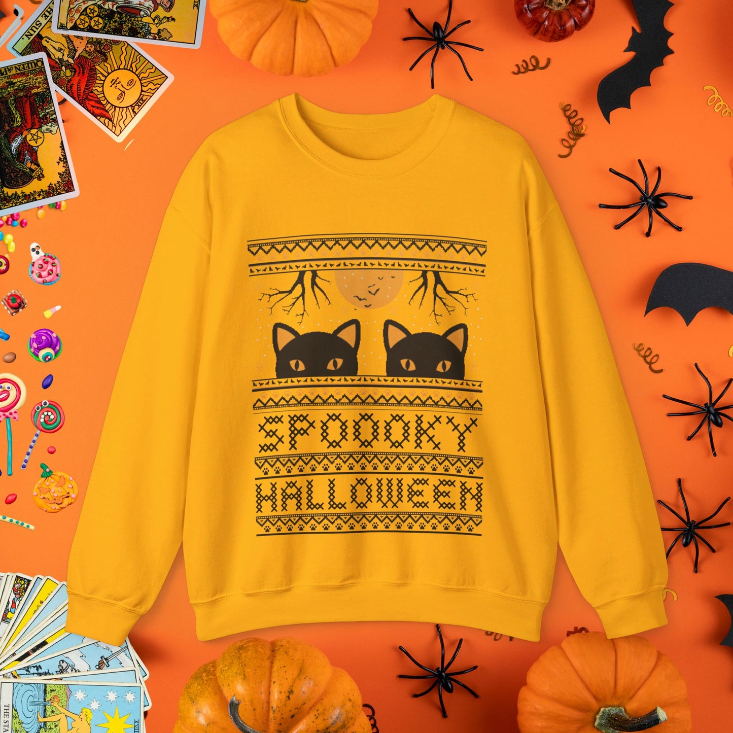 Black Cat & Full Moon - Halloween Ugly Sweater Style Crewneck - Halloween Limited Edition