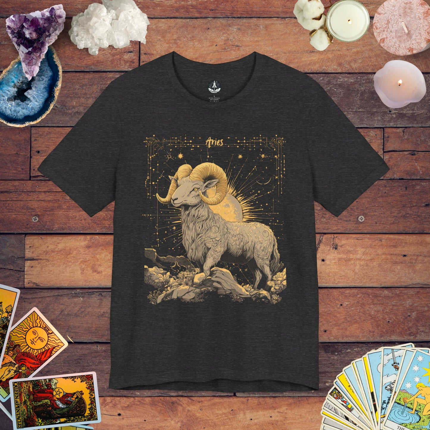 Aries Zodiac Sign Tarot Card T-Shirt - Majestic Ram Design