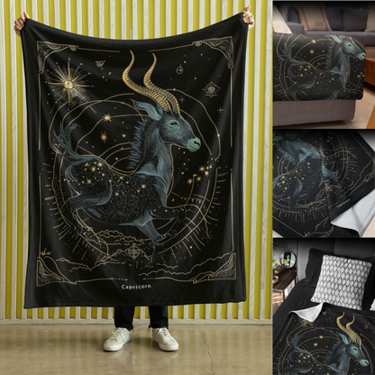 Capricorn Zodiac Velveteen Microfiber Blanket – Majestic Mountain Goat Astrology Art