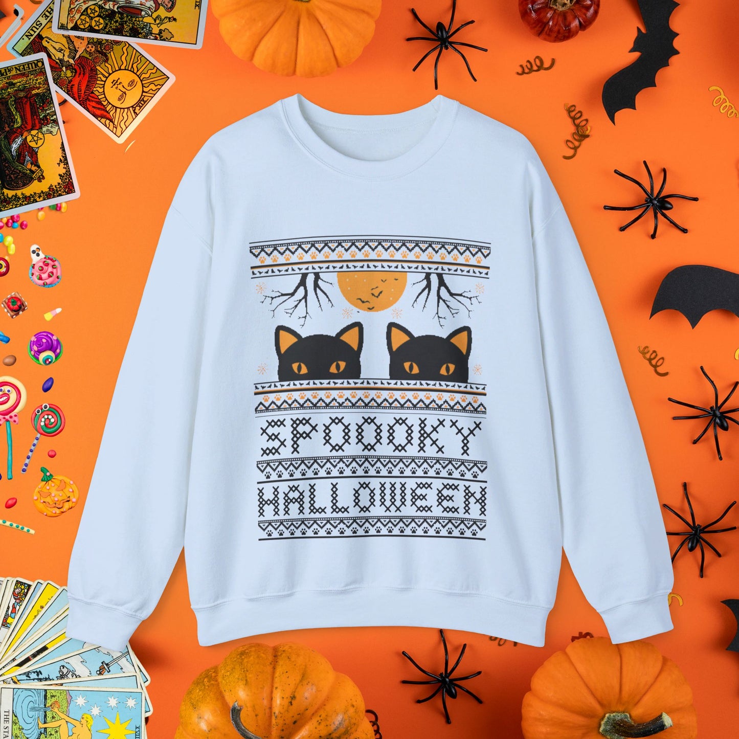 Black Cat & Full Moon - Halloween Ugly Sweater Style Crewneck - Halloween Limited Edition