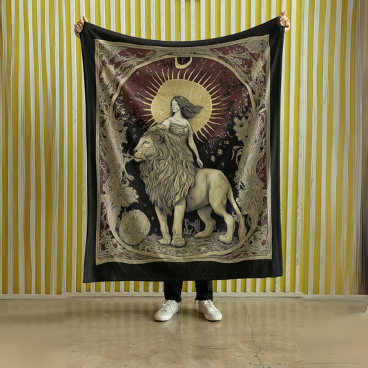 Leo Zodiac Velveteen Microfiber Blanket – Regal Lioness and Sun Astrology Art