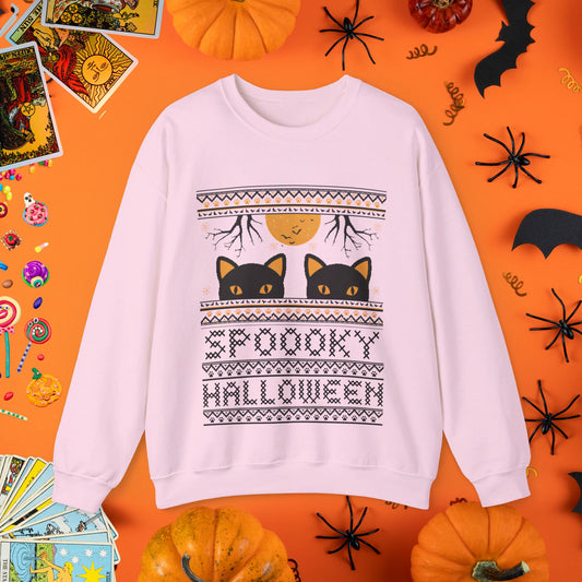 Black Cat & Full Moon - Halloween Ugly Sweater Style Crewneck - Halloween Limited Edition