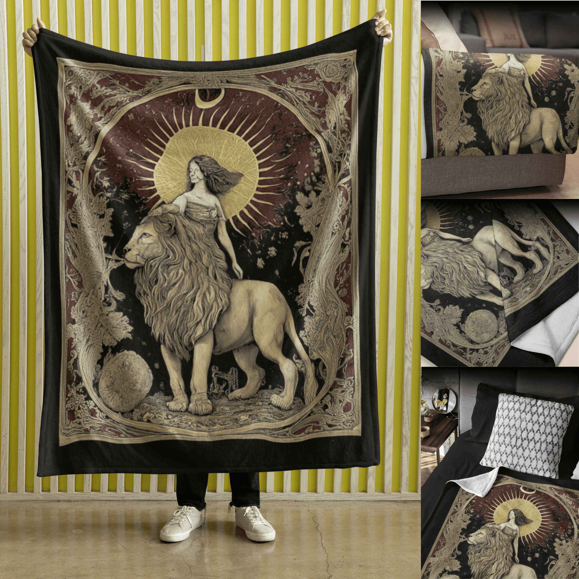 Home Decor Leo Zodiac Velveteen Microfiber Blanket – Regal Lioness and Sun Astrology Art