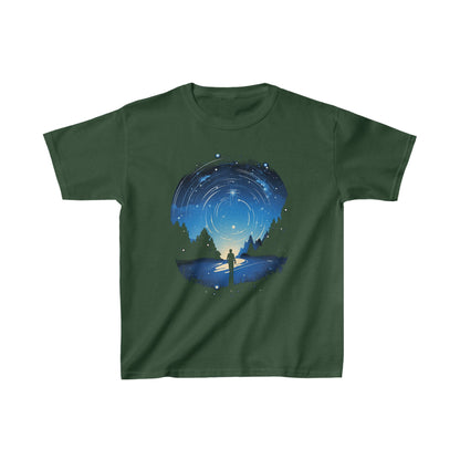 Kids clothes XS / Forest Green Youth Cosmic Swirl: Explorer Gazing at the Night Sky T-Shirt