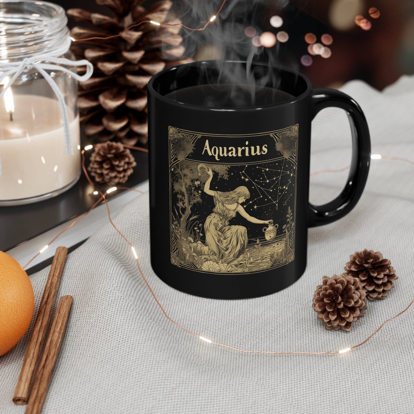 Mug 11oz Aquarius Enchanted Night Ceramic Mug: Stellar Sips in Sleek Black