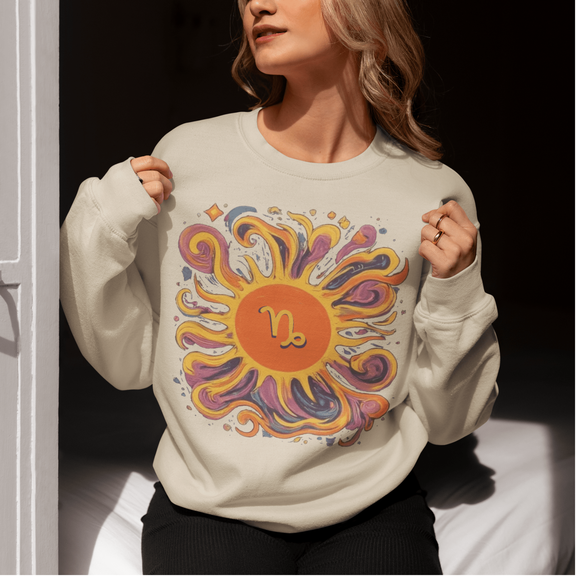 Sweatshirt Capricorn Celestial Sun Soft Sweater: Earthy Elegance Meets Cosmic Warmth