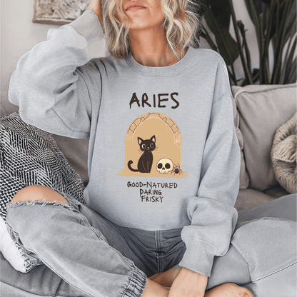 Sweatshirt S / Ash Aries Zodiac Cat T-Shirt – Good-Natured, Daring, Frisky