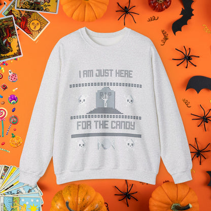 Sweatshirt S / Ash Just Here for the Candy - Halloween Ugly Sweater Style Crewneck - Halloween Limited Edition