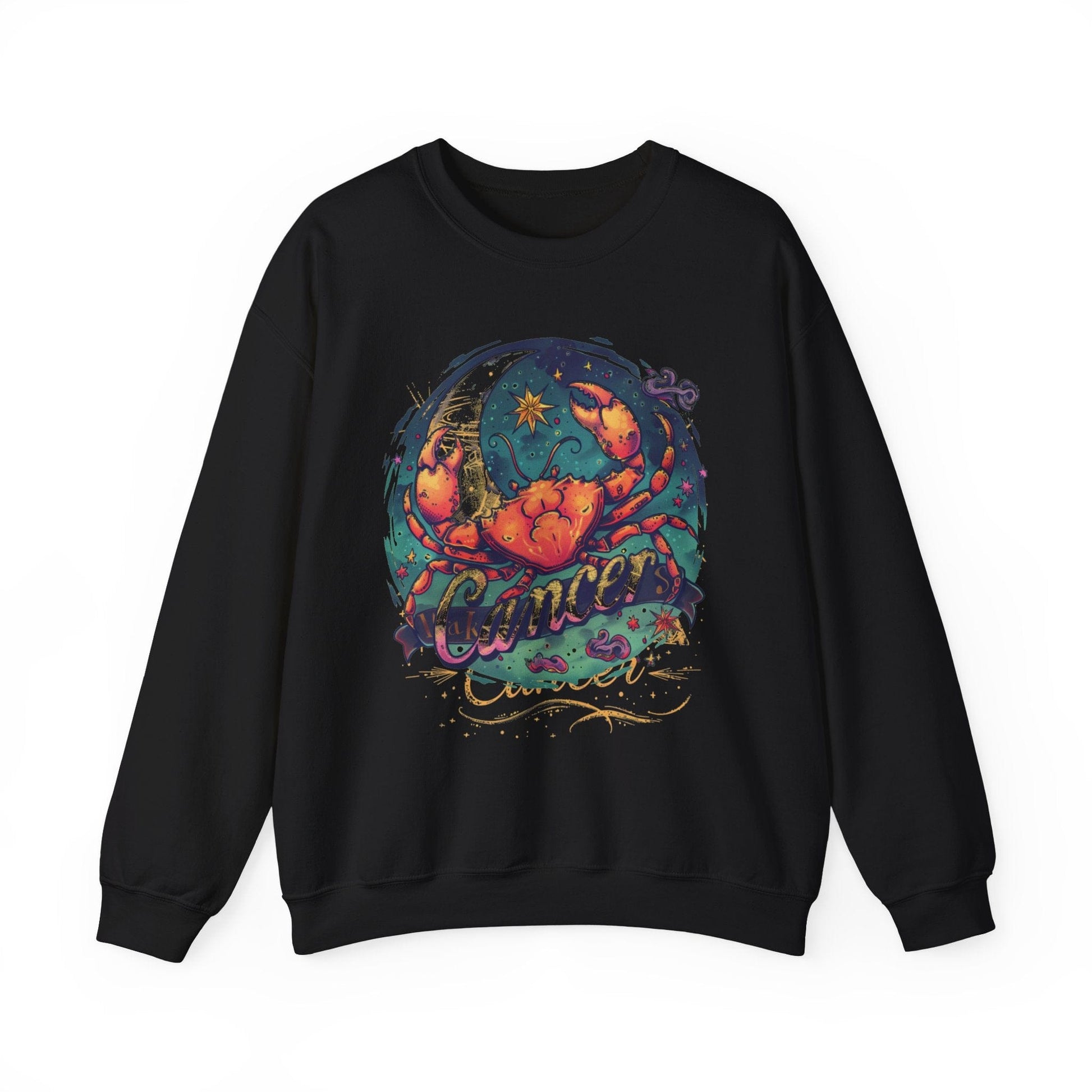Sweatshirt S / Black Cancer Zodiac Tattoo Art Sweater: Cosmic Crab Embrace