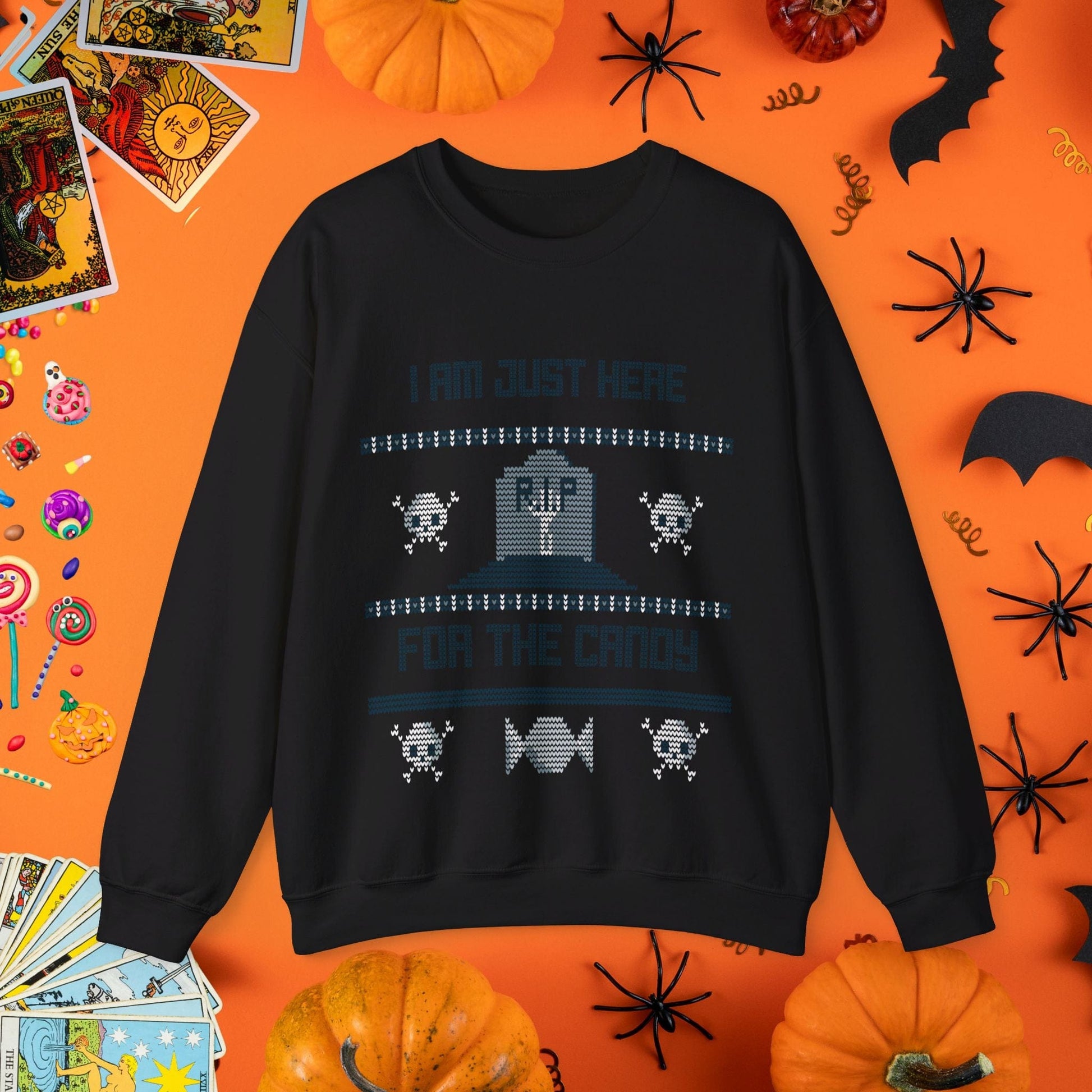 Sweatshirt S / Black Just Here for the Candy - Halloween Ugly Sweater Style Crewneck - Halloween Limited Edition