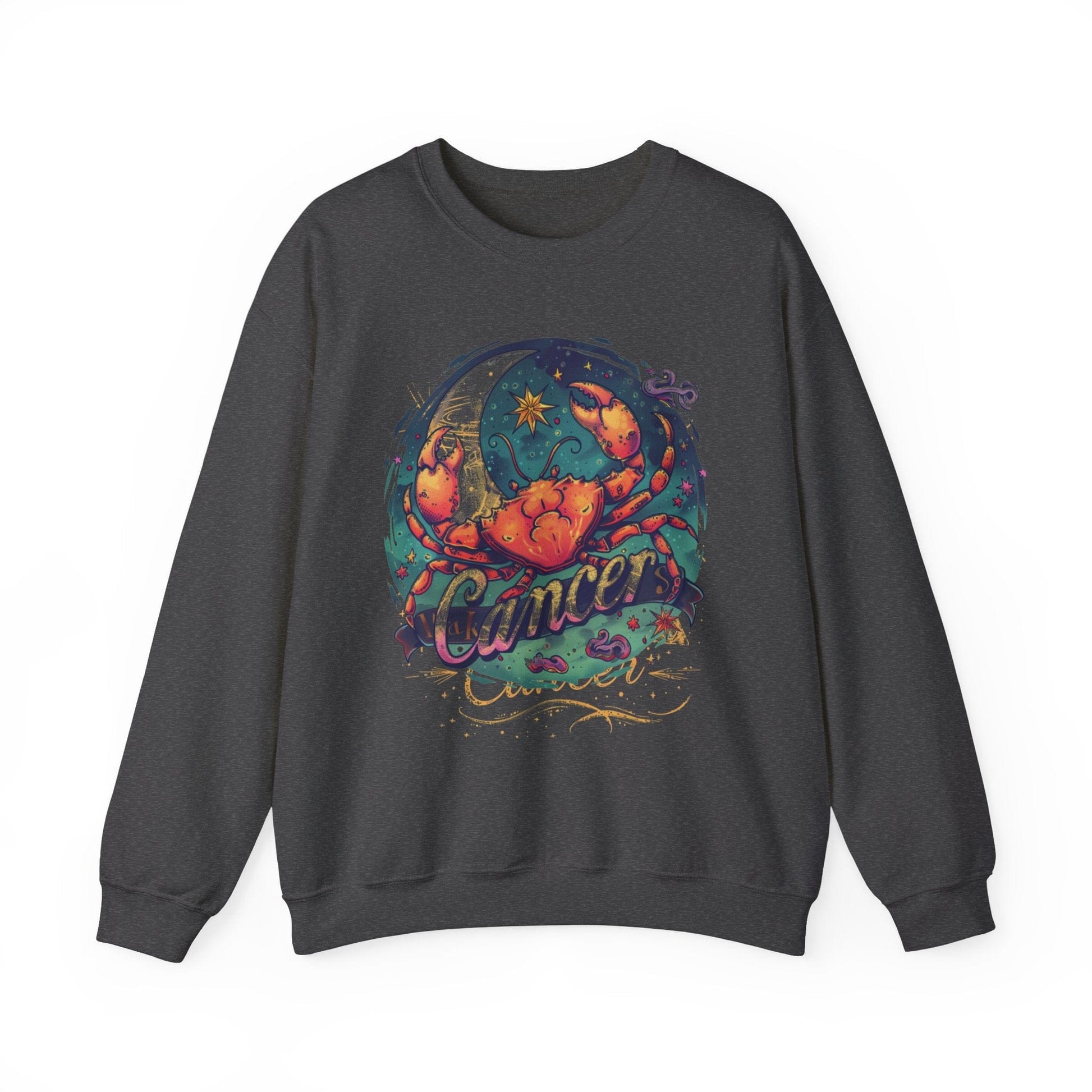 Sweatshirt S / Dark Heather Cancer Zodiac Tattoo Art Sweater: Cosmic Crab Embrace