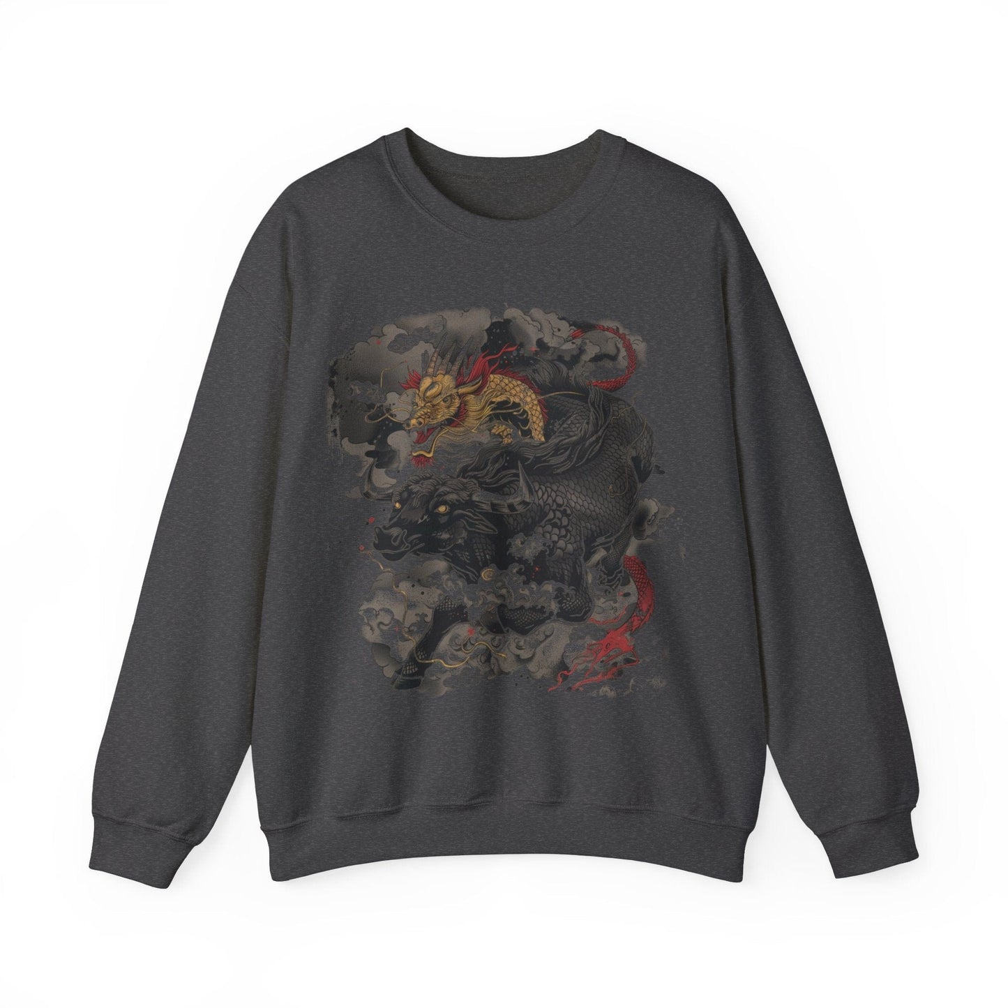 Sweatshirt S / Dark Heather Eastern Mythos Dragon-Taurus Sweater: Fusion of Strength