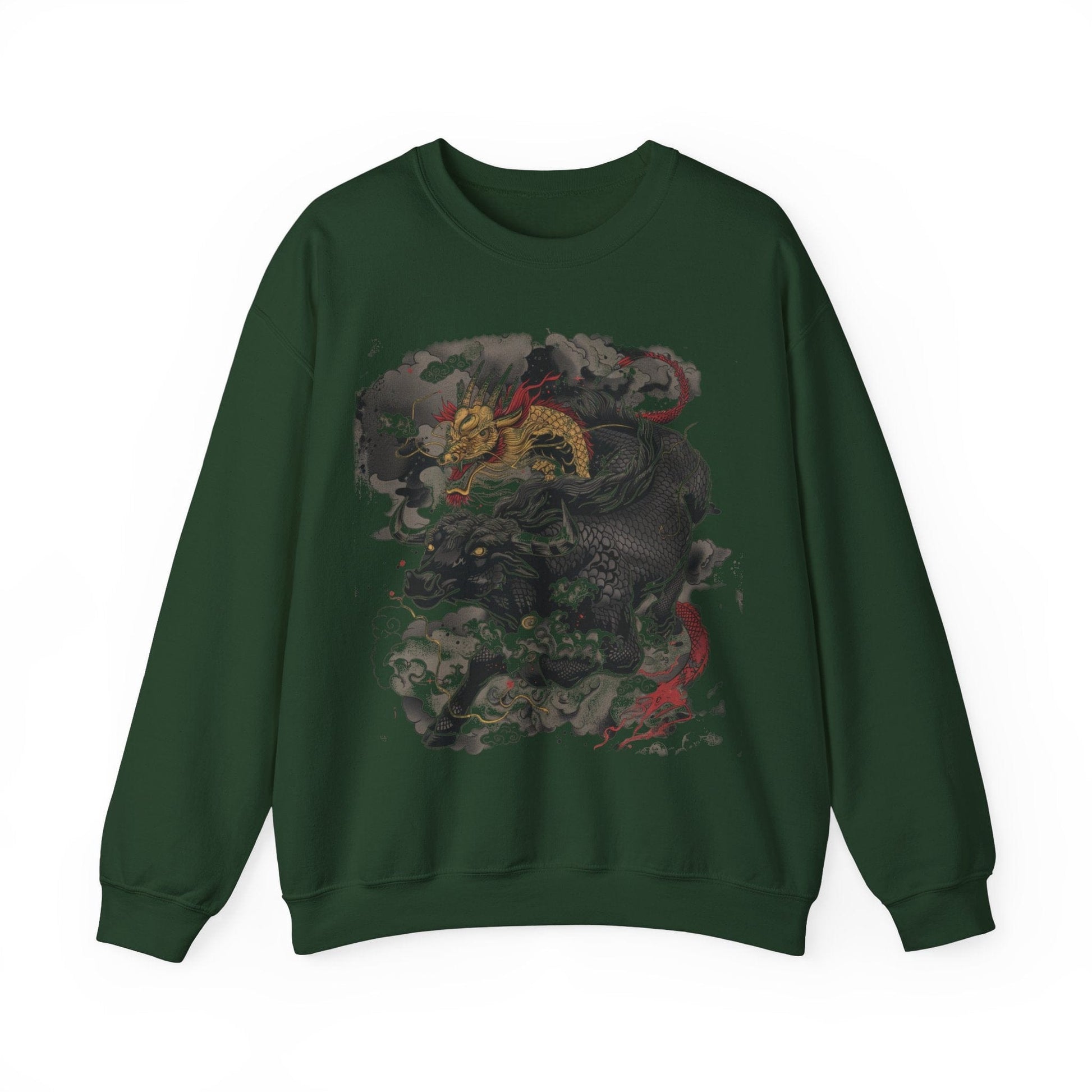 Sweatshirt S / Forest Green Eastern Mythos Dragon-Taurus Sweater: Fusion of Strength