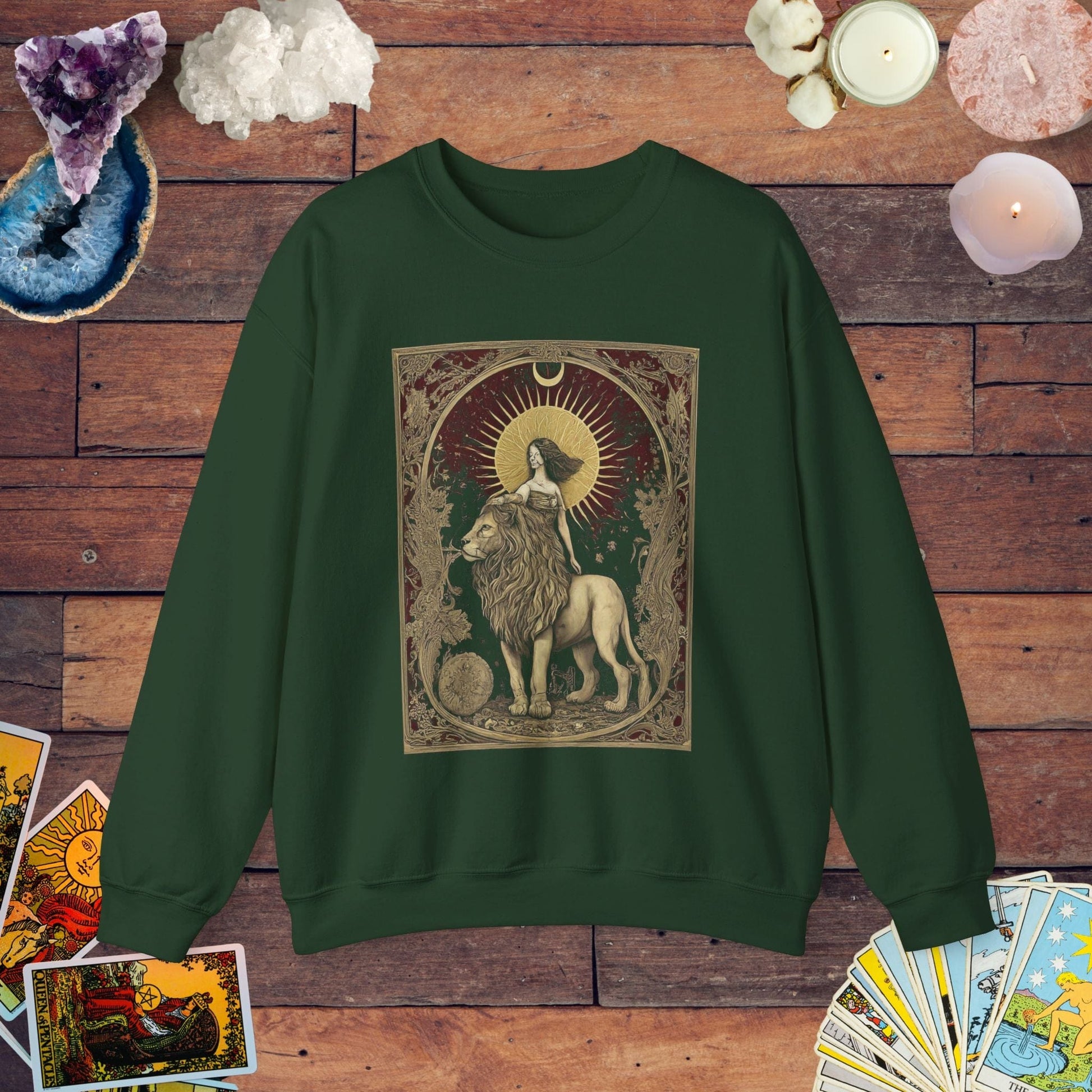 Sweatshirt S / Forest Green The Lion's Strength Tarot Leo Soft Crewneck Sweatshirt