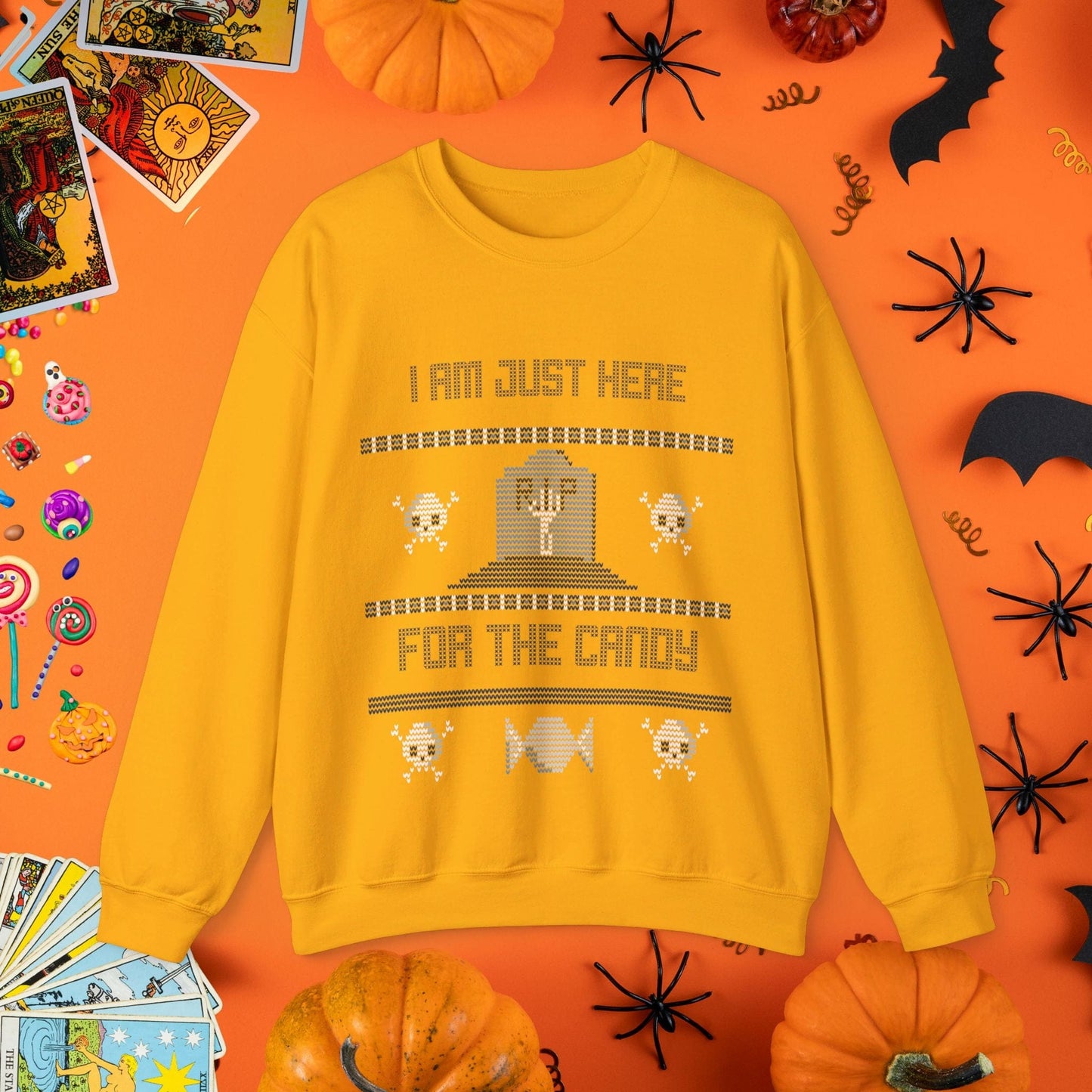 Sweatshirt S / Gold Just Here for the Candy - Halloween Ugly Sweater Style Crewneck - Halloween Limited Edition