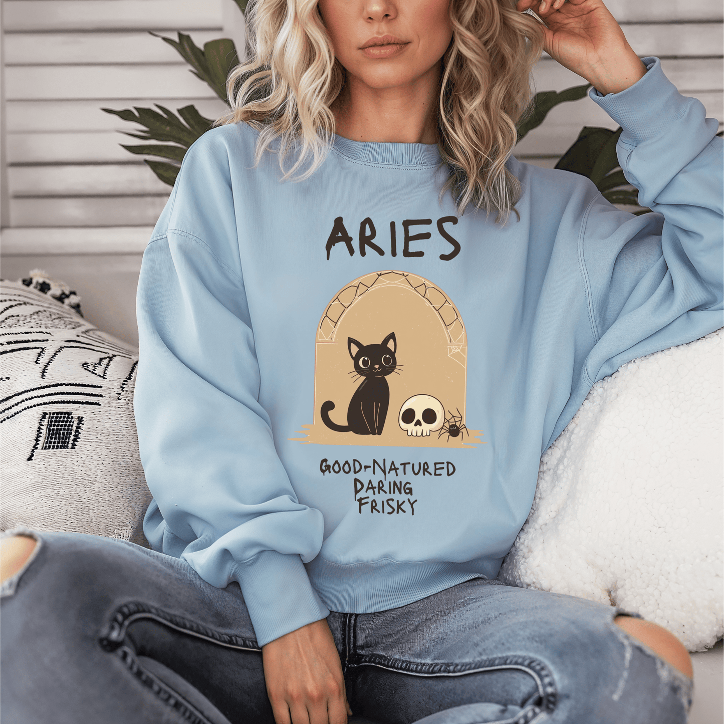 Sweatshirt S / Light Blue Aries Zodiac Cat T-Shirt – Good-Natured, Daring, Frisky