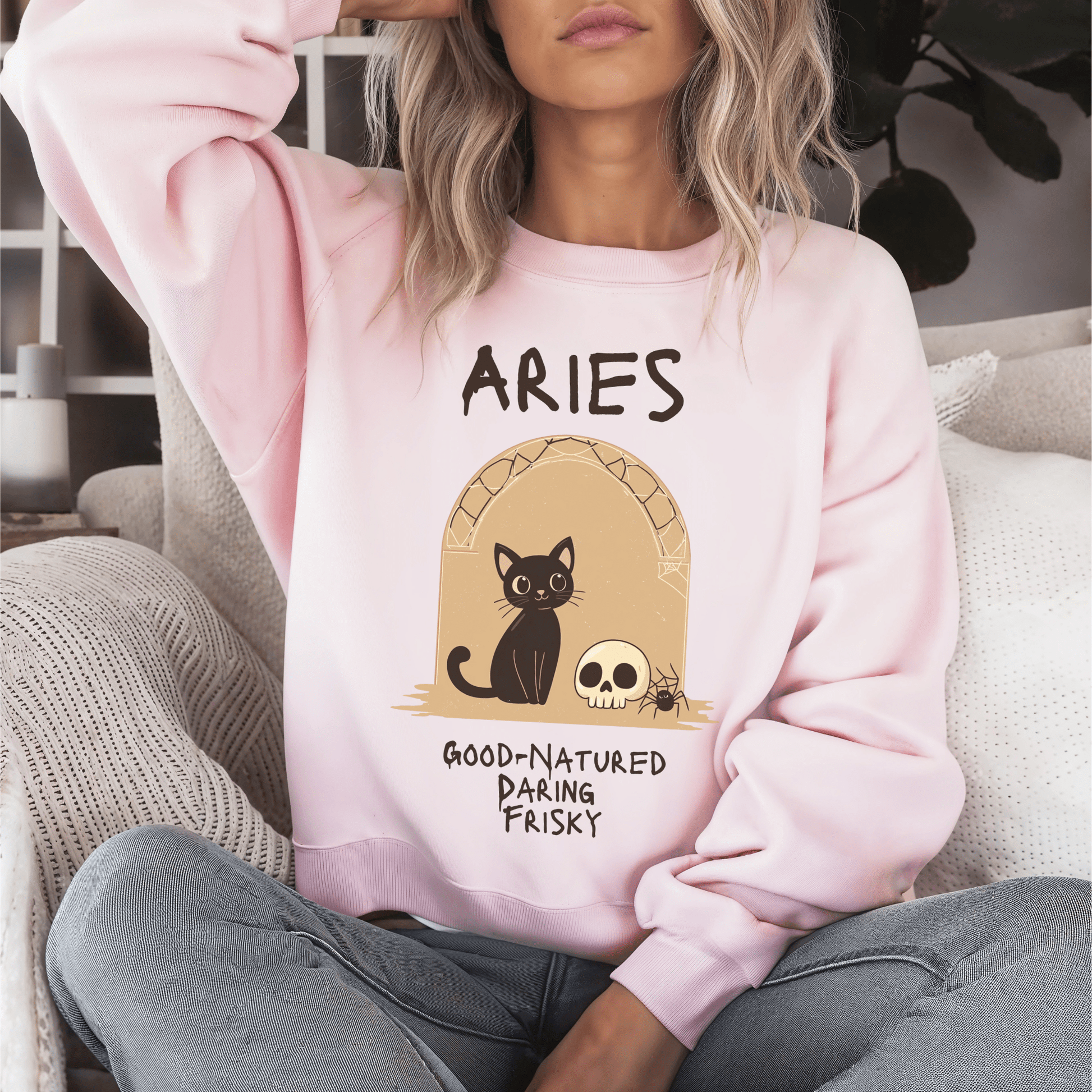 Sweatshirt S / Light Pink Aries Zodiac Cat T-Shirt – Good-Natured, Daring, Frisky