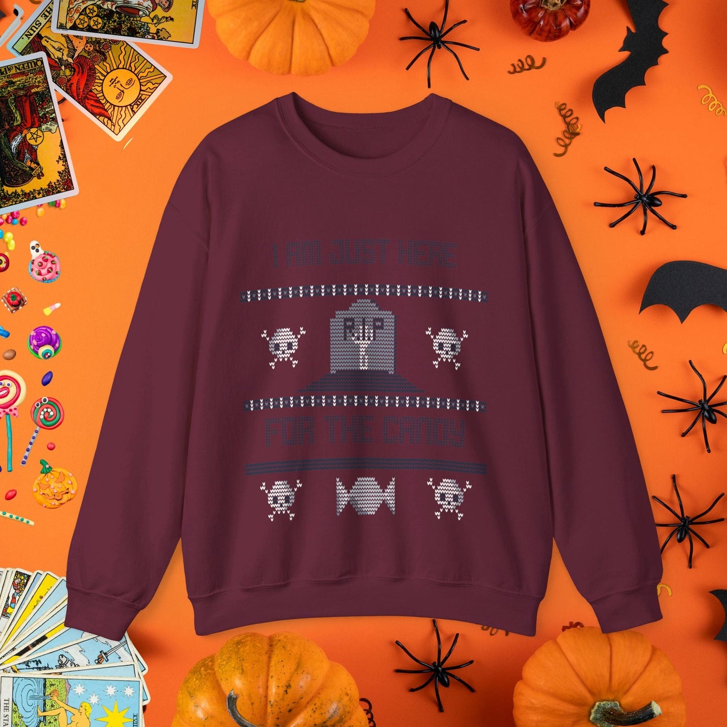 Sweatshirt S / Maroon Just Here for the Candy - Halloween Ugly Sweater Style Crewneck - Halloween Limited Edition