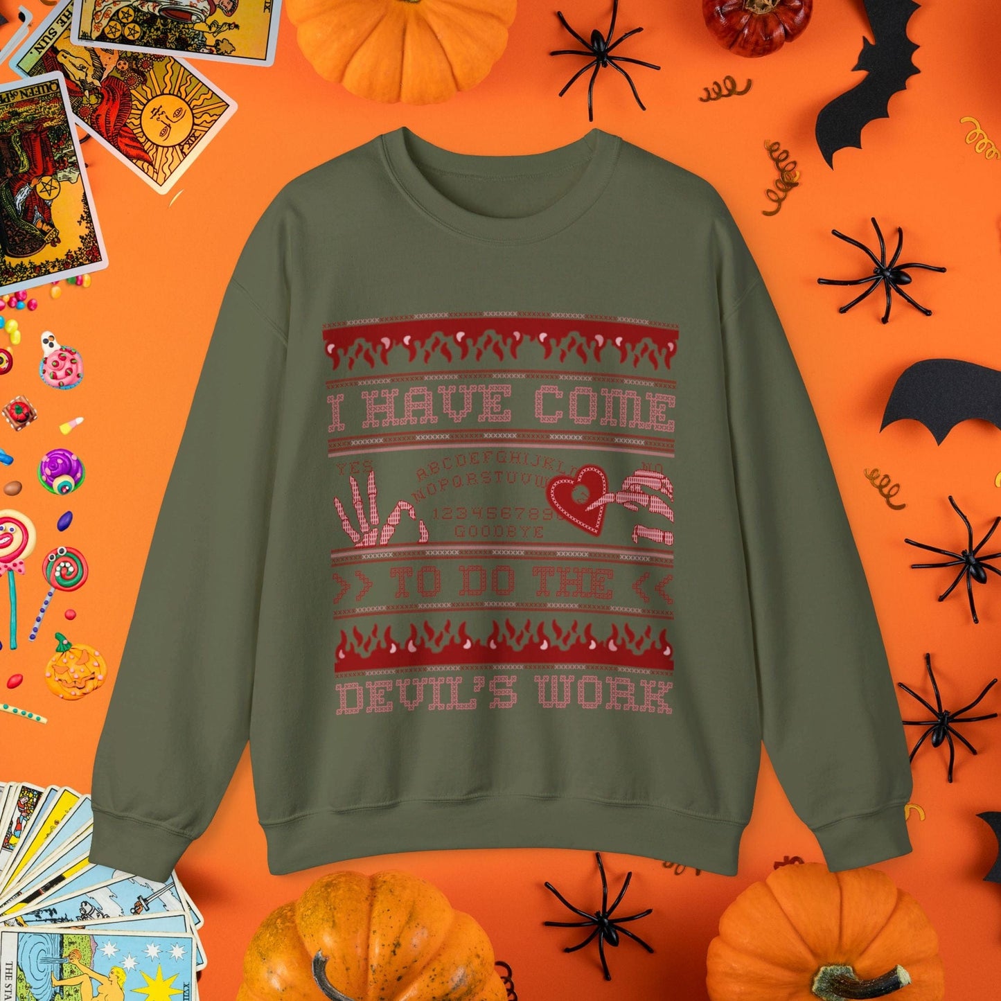 Sweatshirt S / Military Green Devil's Work - Halloween Ugly Sweater Style Crewneck - Halloween Limited Edition