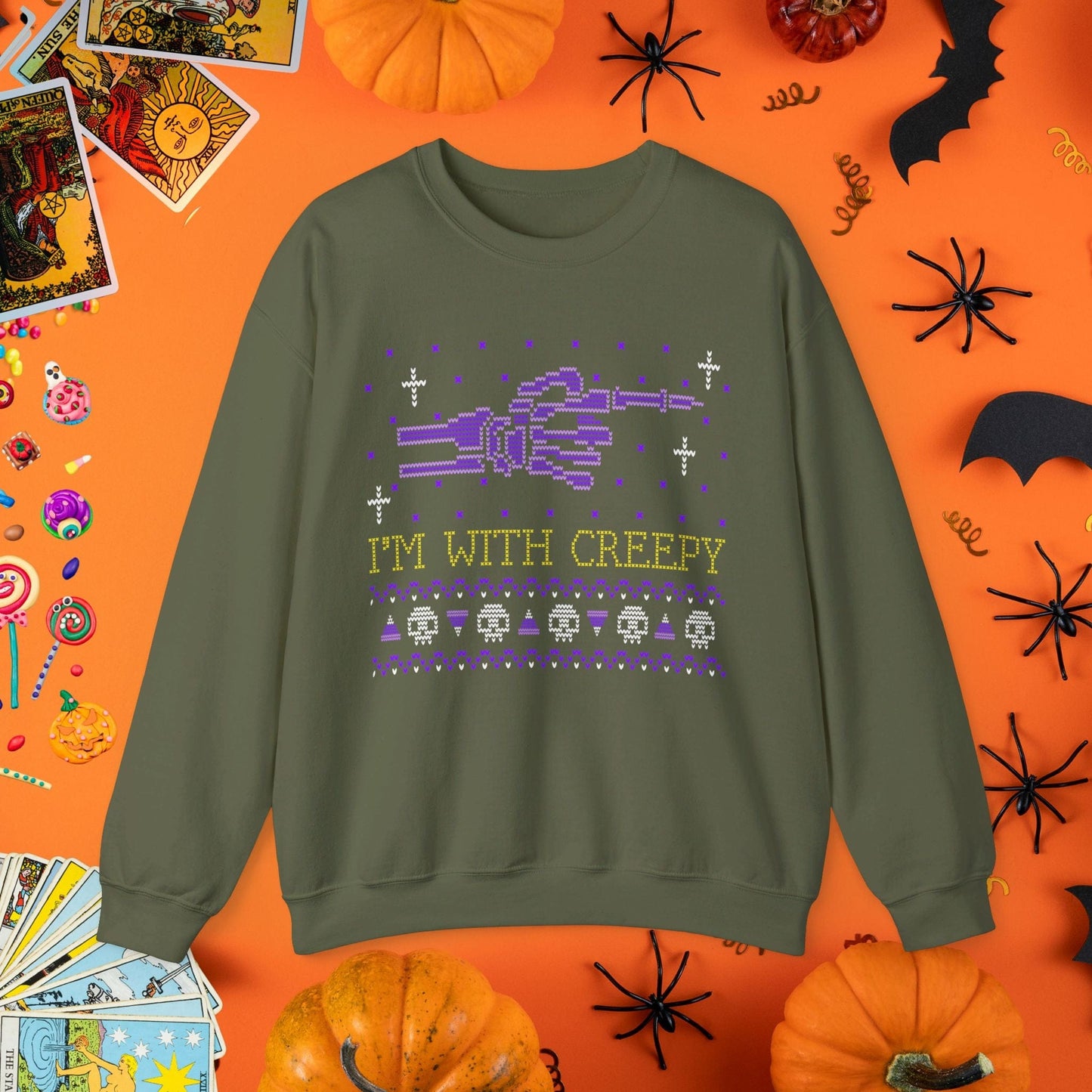 Sweatshirt S / Military Green I'm With Creepy - Halloween Ugly Sweater Style Crewneck - Halloween Limited Edition