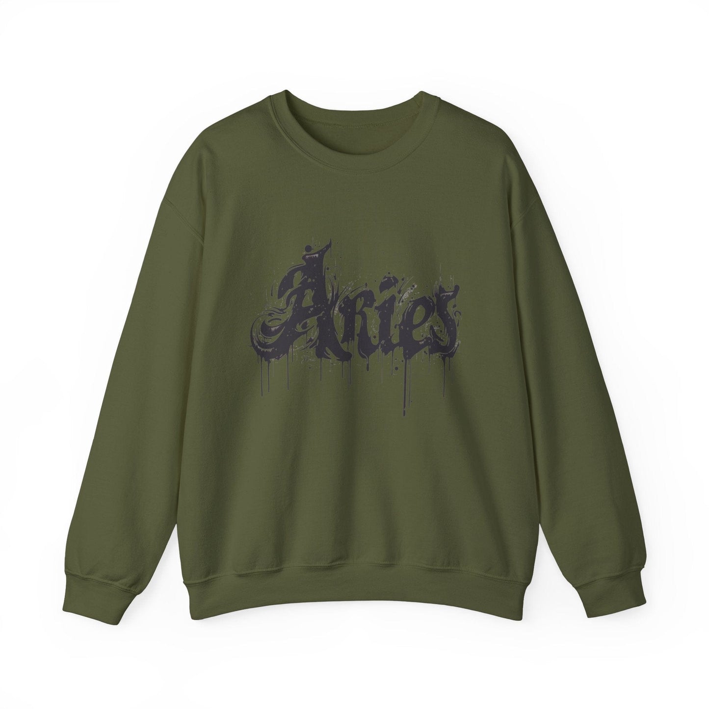 Sweatshirt S / Military Green Ink-Dripped Aries Energy Soft Sweater: Embrace Your Fire