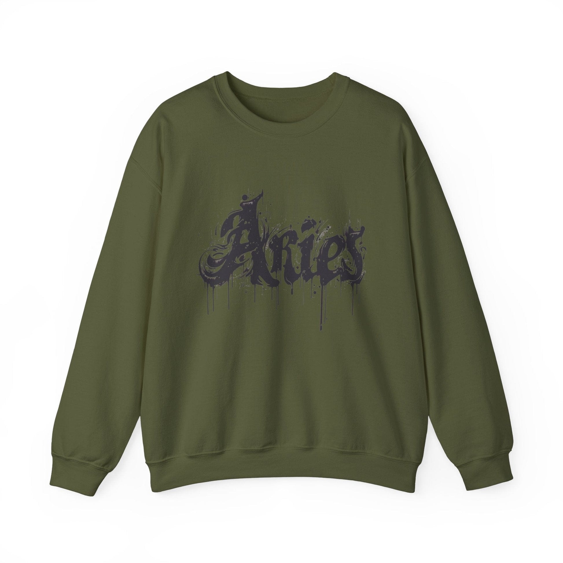 Sweatshirt S / Military Green Ink-Dripped Aries Energy Soft Sweater: Embrace Your Fire