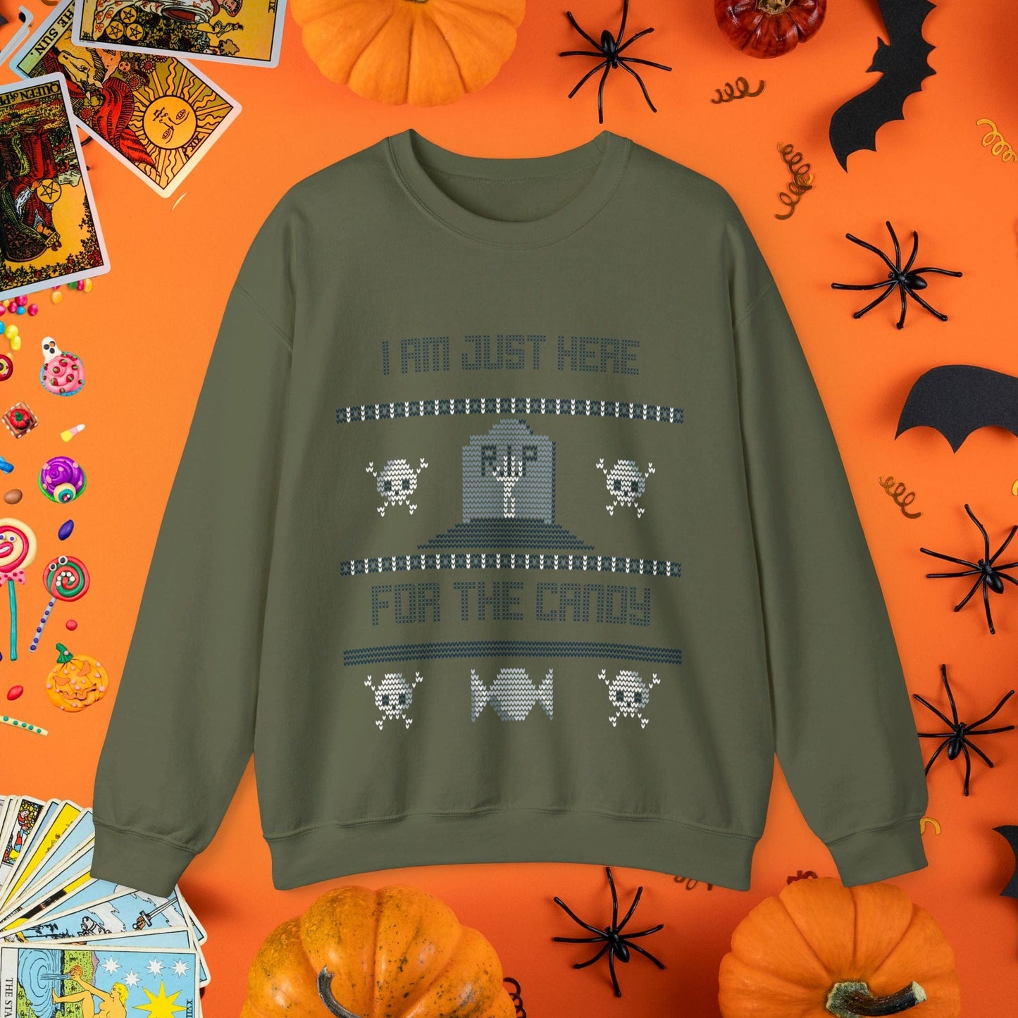 Sweatshirt S / Military Green Just Here for the Candy - Halloween Ugly Sweater Style Crewneck - Halloween Limited Edition