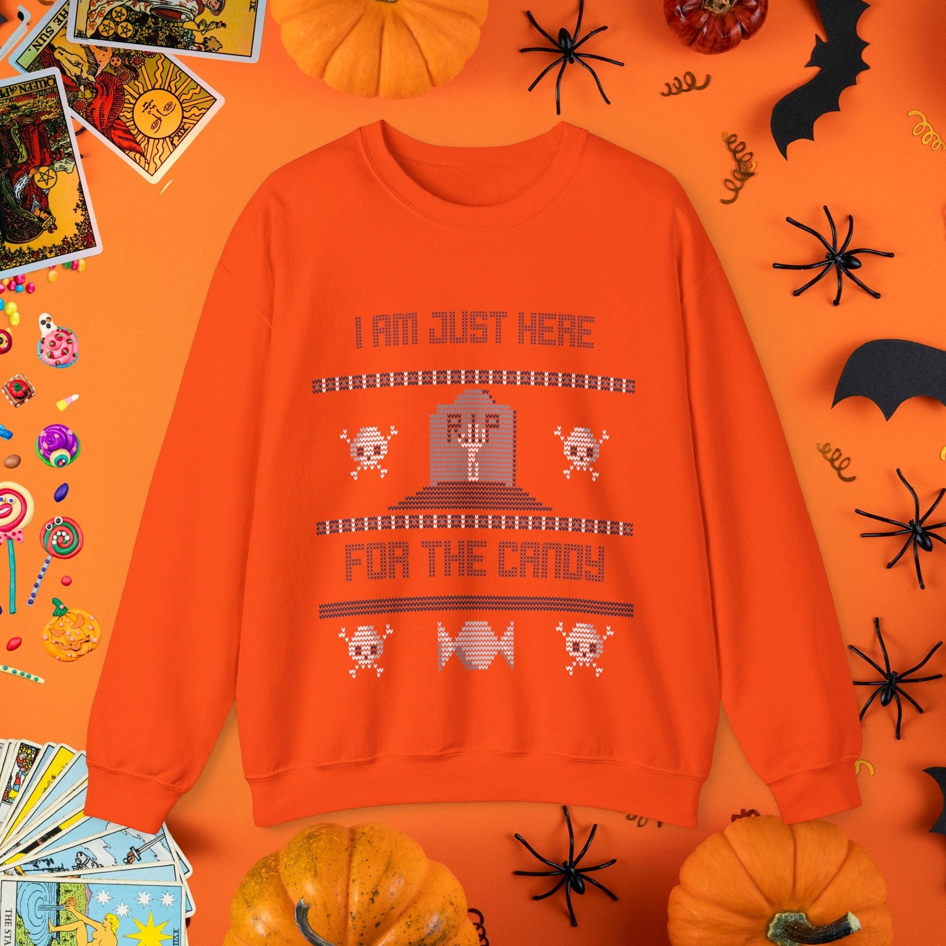 Sweatshirt S / Orange Just Here for the Candy - Halloween Ugly Sweater Style Crewneck - Halloween Limited Edition