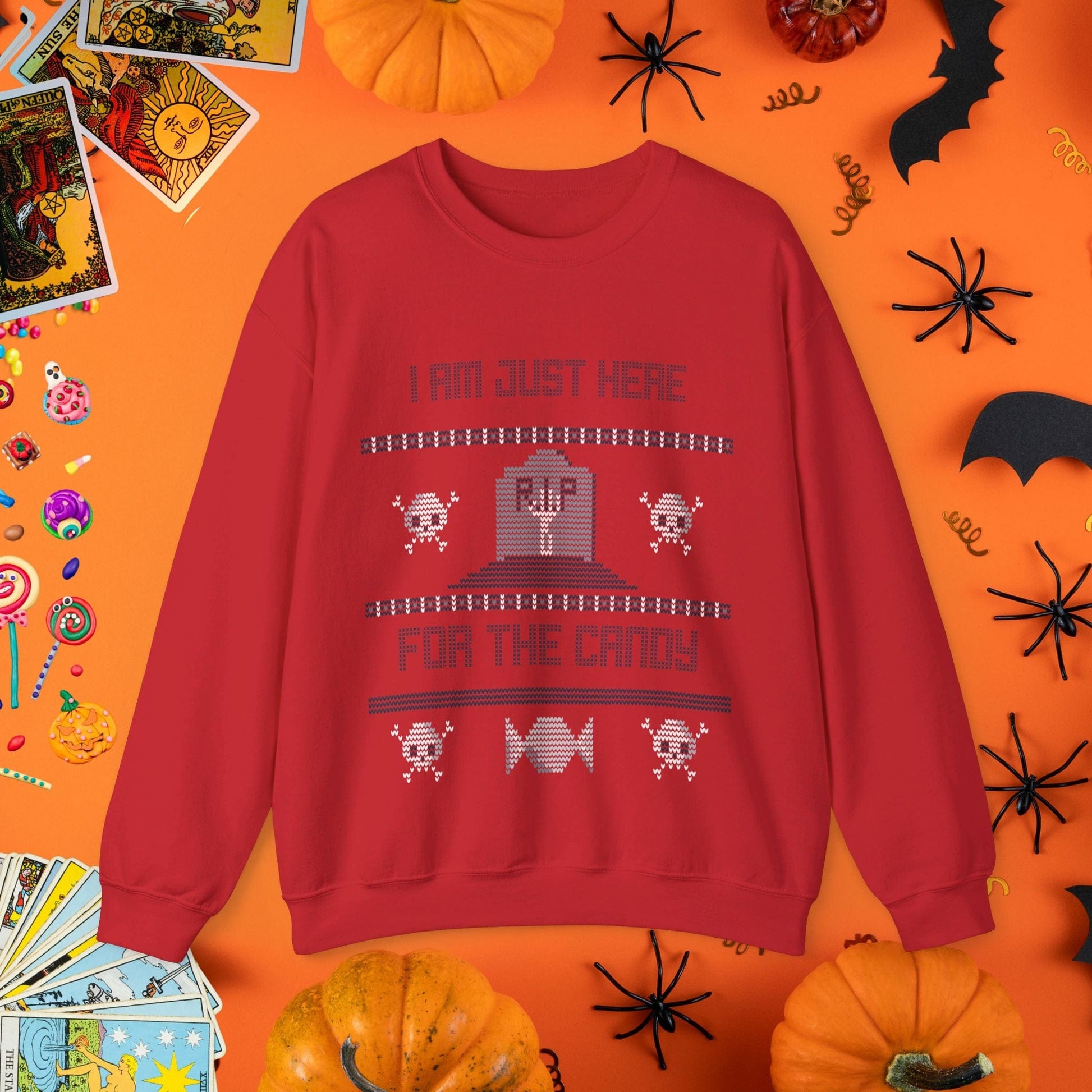 Sweatshirt S / Red Just Here for the Candy - Halloween Ugly Sweater Style Crewneck - Halloween Limited Edition