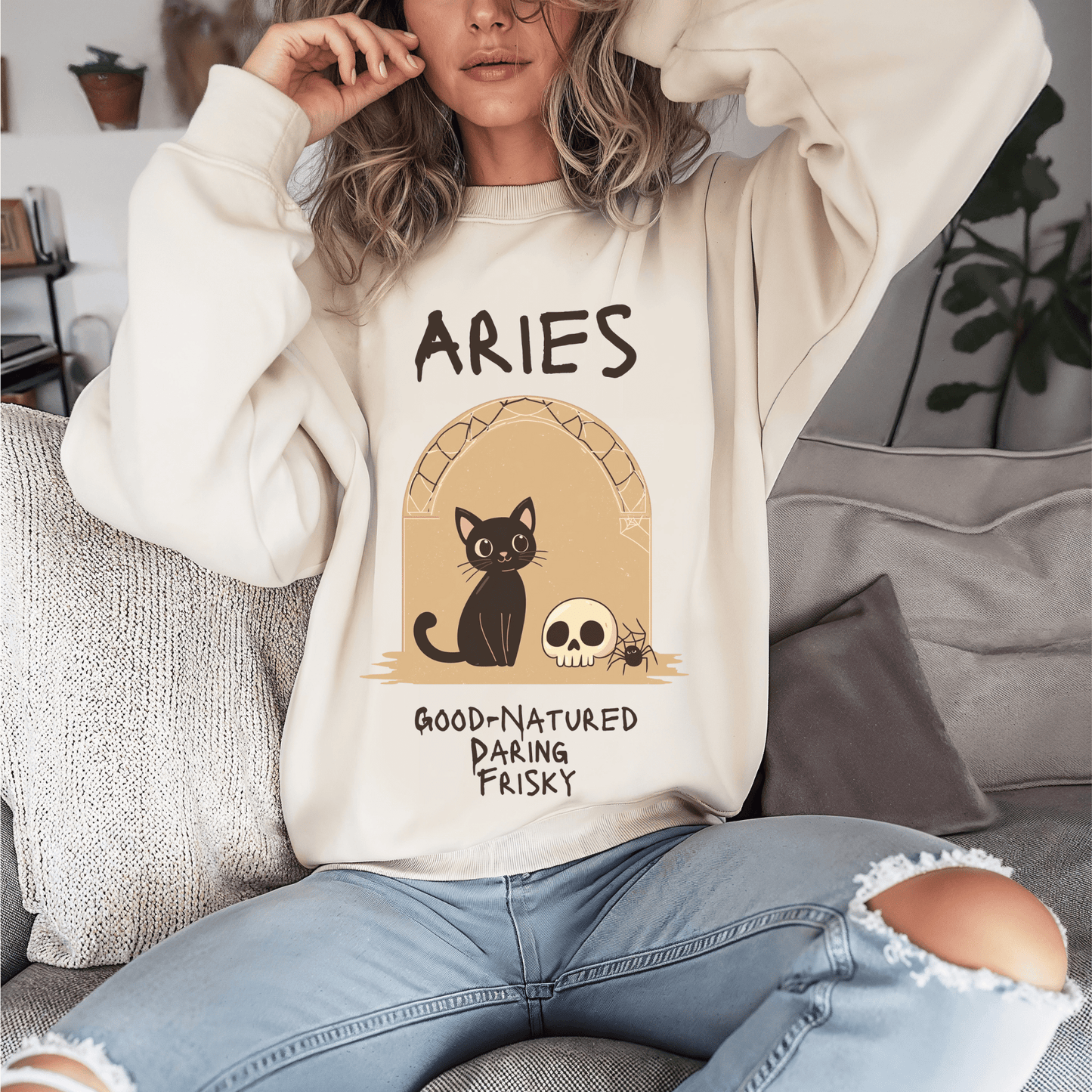 Sweatshirt S / Sand Aries Zodiac Cat T-Shirt – Good-Natured, Daring, Frisky