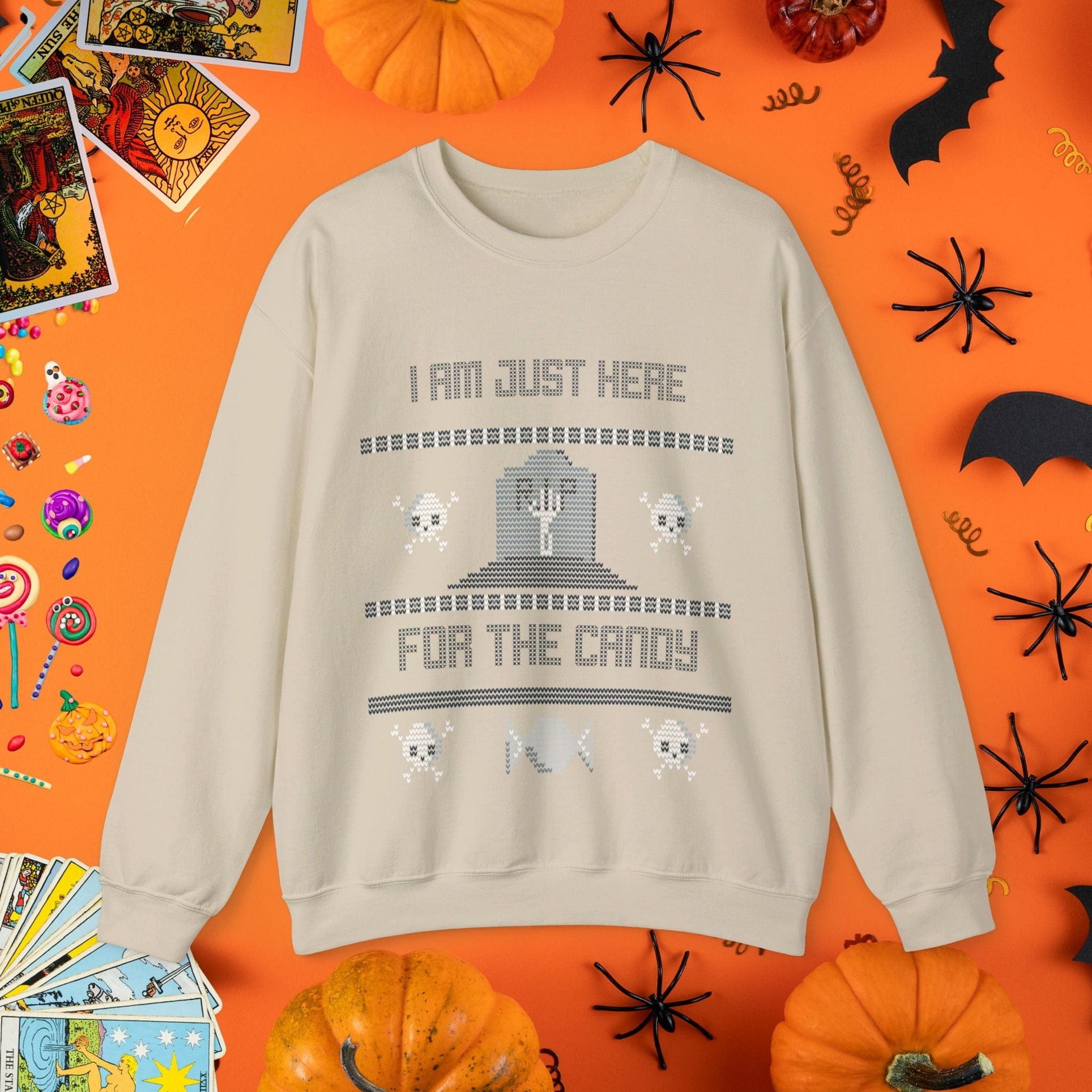 Sweatshirt S / Sand Just Here for the Candy - Halloween Ugly Sweater Style Crewneck - Halloween Limited Edition