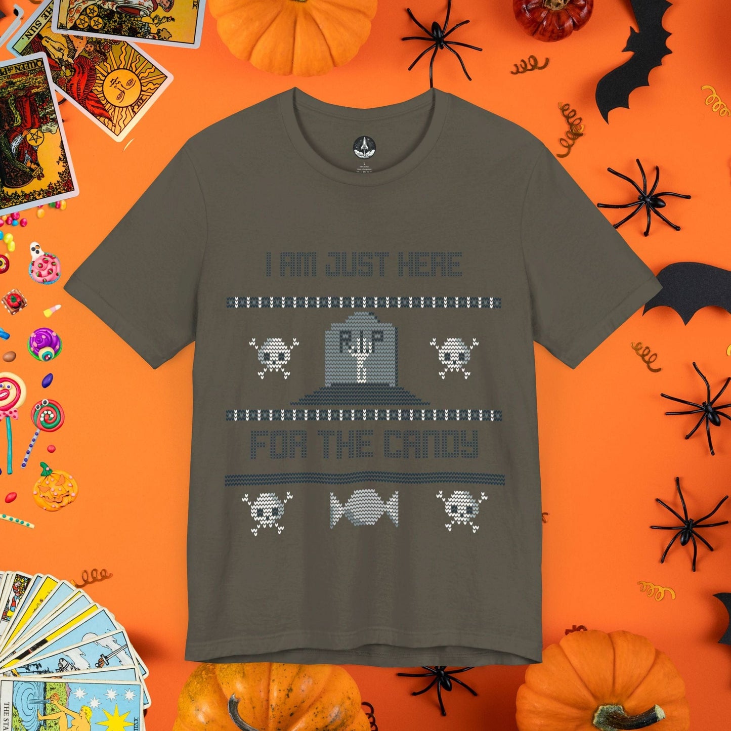 T-Shirt Army / S Just Here for the Candy - Halloween Ugly Sweater T-Shirt - Halloween Limited Edition