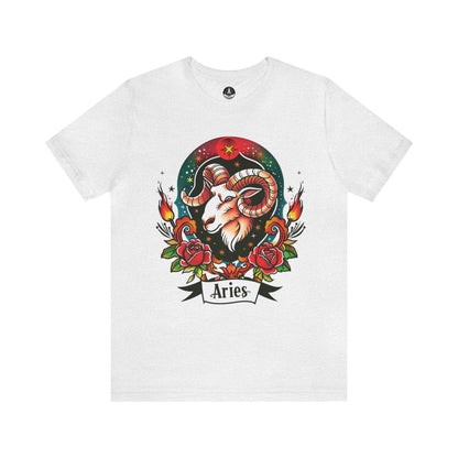 T-Shirt Ash / S Fiery Aries Tattoo Art T-Shirt - Soft Cotton Zodiac-Inspired T-Shirt