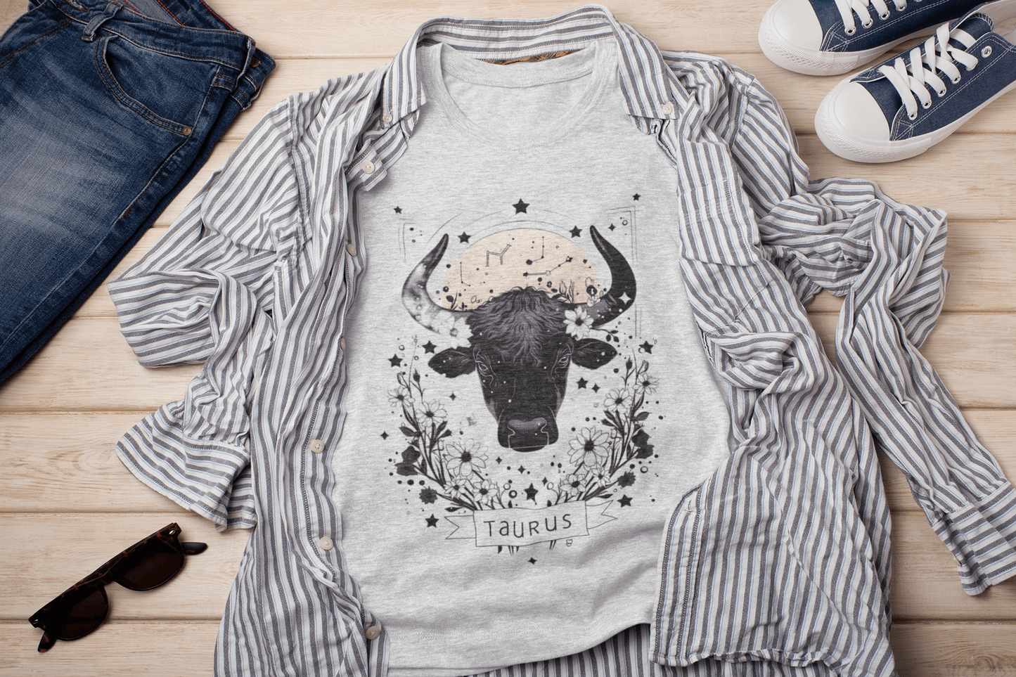 T-Shirt Ash / S Floral Strength: Taurus Tarot Card T-Shirt