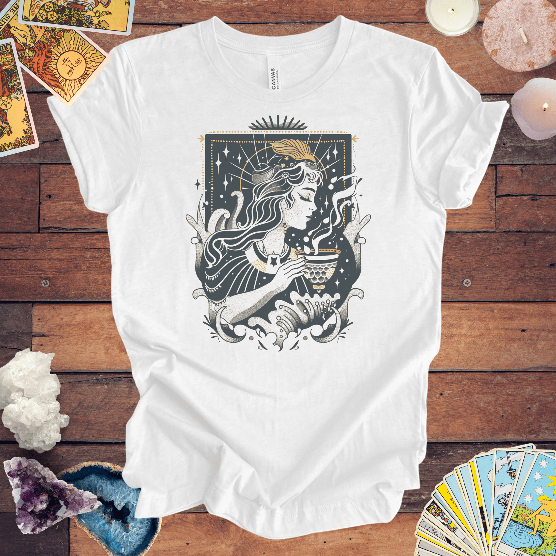 T-Shirt Ash / S Whispers of the Water Bearer: Aquarius Tarot Card T-Shirt