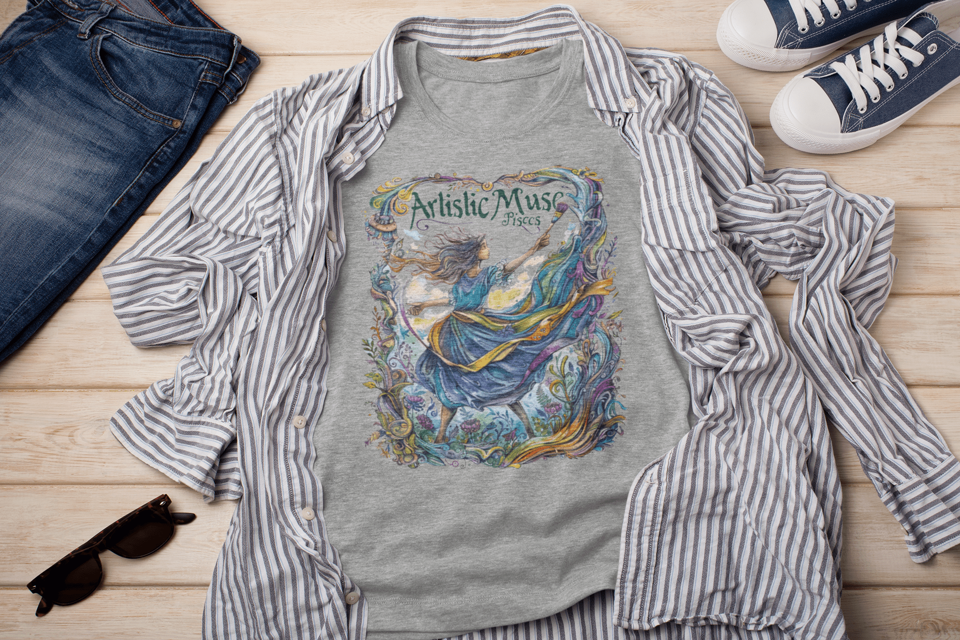 T-Shirt Athletic Heather / S Artistic Muse: Pisces Tarot Card T-Shirt