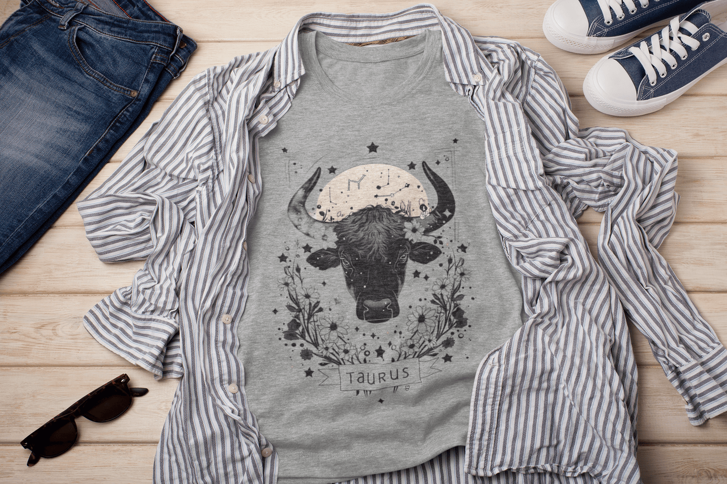 T-Shirt Athletic Heather / S Floral Strength: Taurus Tarot Card T-Shirt