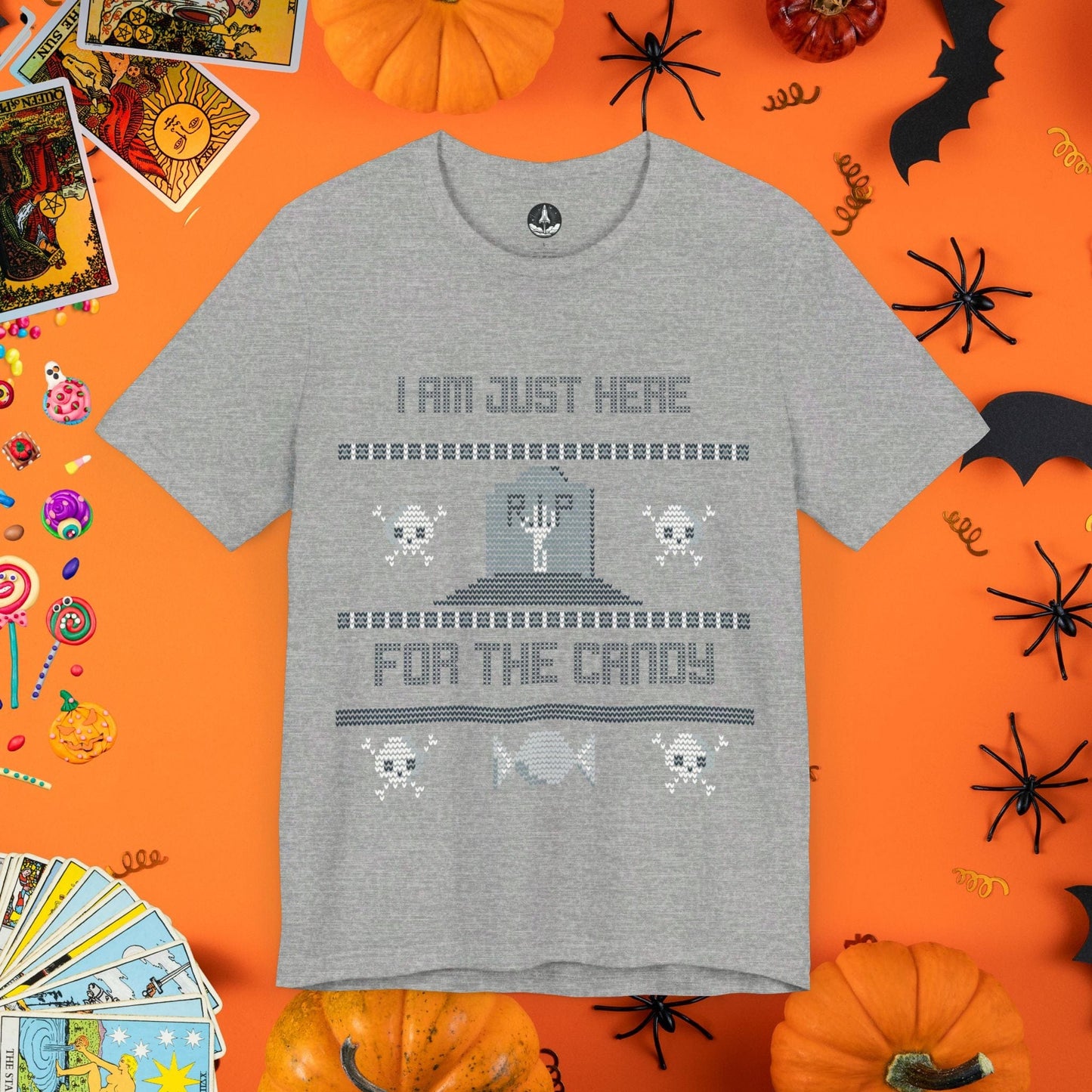 T-Shirt Athletic Heather / S Just Here for the Candy - Halloween Ugly Sweater T-Shirt - Halloween Limited Edition