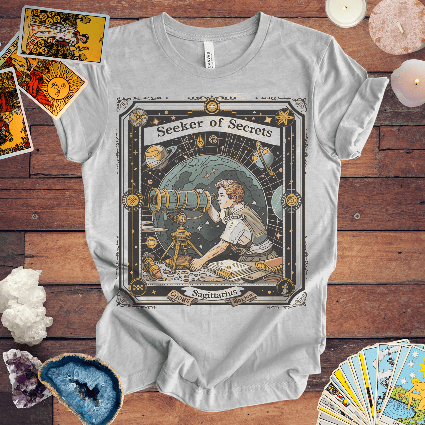 T-Shirt Athletic Heather / S Seeker of Secrets: Sagittarius Tarot Card T-Shirt