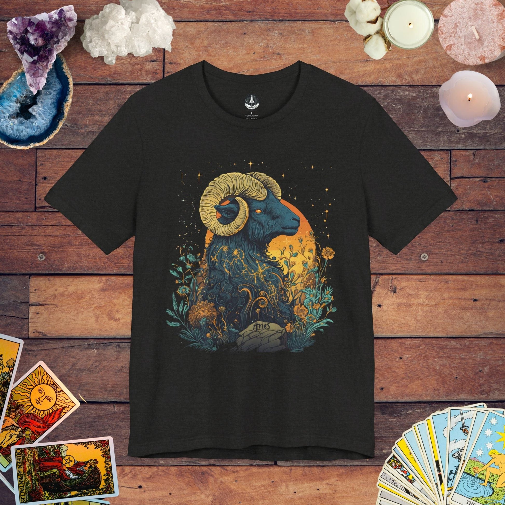 T-Shirt Black Heather / S Aries Celestial Bloom Tarot Card T-Shirt