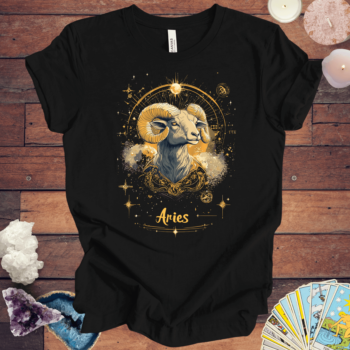 T-Shirt Black Heather / S Aries Golden Constellation Tarot Card T-Shirt