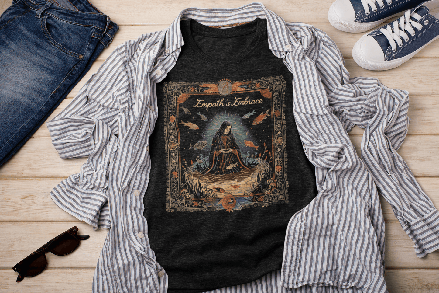 T-Shirt Black Heather / S Empaths Embrace: Pisces Tarot Card T-Shirt