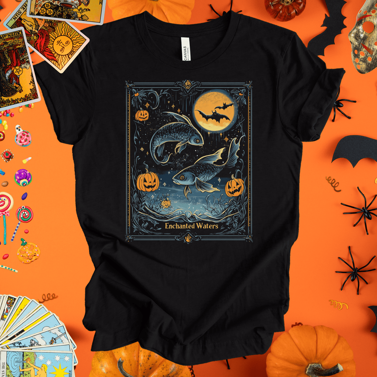 T-Shirt Black Heather / S Enchanted Waters - Pisces Tarot Card T-Shirt - Halloween Limited Edition