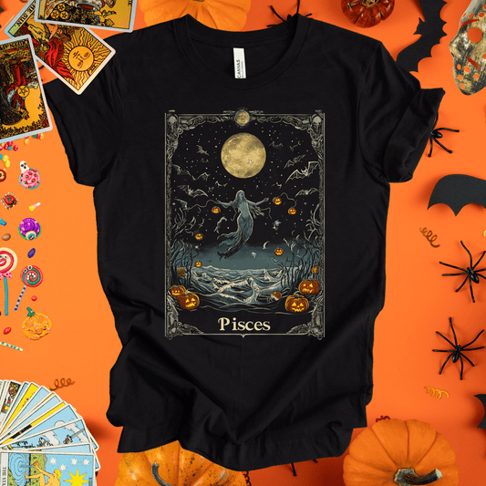 T-Shirt Black Heather / S Moonlit Haunt - Pisces Tarot Card T-Shirt - Halloween Limited Edition