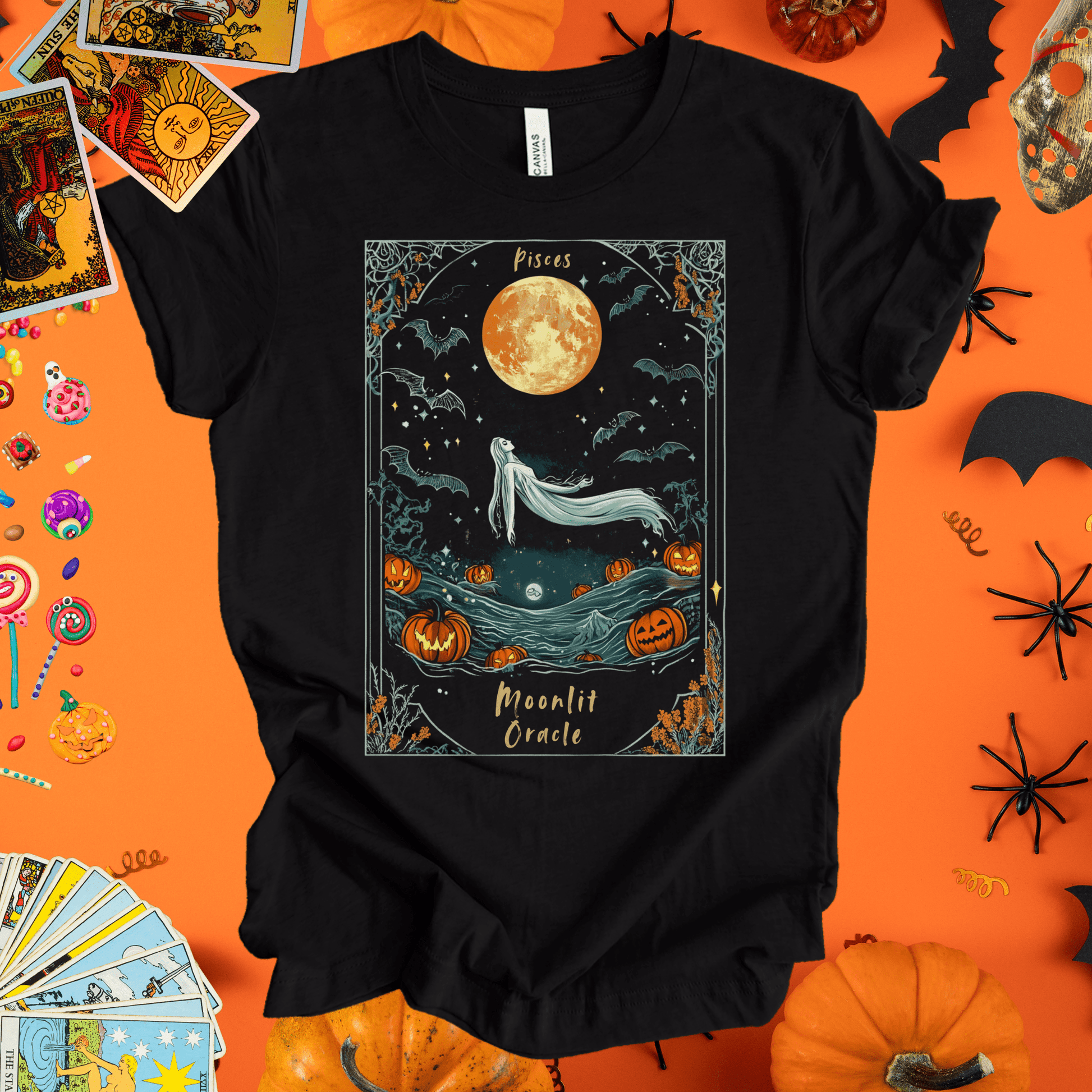 T-Shirt Black Heather / S Moonlit Oracle - Pisces Tarot Card T-Shirt - Halloween Limited Edition