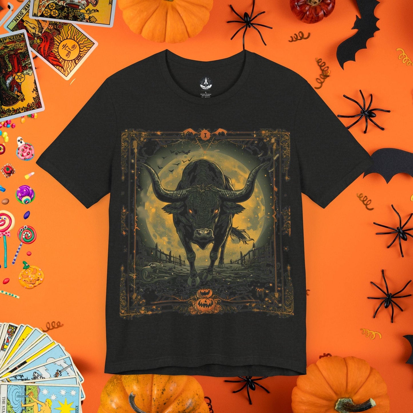 T-Shirt Black Heather / S Taurus Spooky Halloween Tarot Card T-Shirt - Halloween Limited Edition